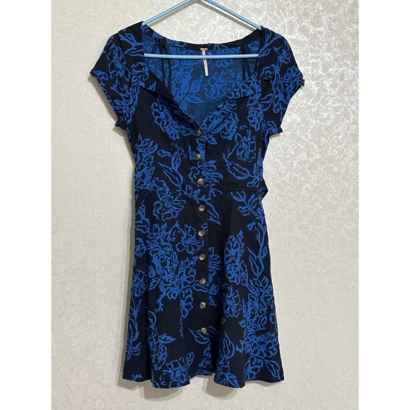 Free People Blue Black Floral Thing Called Love Shift Mini Dress Linen Blend 2 - Picture 1 of 6